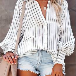 Plus Size Striped Print Button Front Shirt, Stylish Casual Shirred Cuff Lantern Sleeve Shirt For Spring, Women's Plus Size Clothing