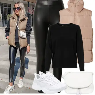 Outfit mit Schwarz/Khaki/Dunkelgrün/Weiß LederimitatHose/Latex Leggings/Lederlegging/Leggings Lederoptik/Lack Legging Glücksstern "Frühling outfit"