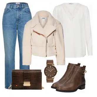 80er Outfit mit Braun/Dunkelbraun/Beige Klassischer Stiefel/Cowboystiefel/Gefütterte Stiefelette/Vintage Stiefel/Rahmengenähter Schuh/Leder Stiefelette/Lederjacke/Vintage Stiefelette/Reitstiefel/Chelsea Boot About You "ABOUT YOU jacke"Look: Uni, Western, Country Styl, Cowgirl, Schön, Duckfeet, 80er