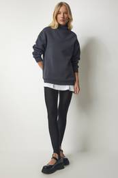Happiness stanbul Women's Anthracite High Neck Basic Raised Sweatshirt