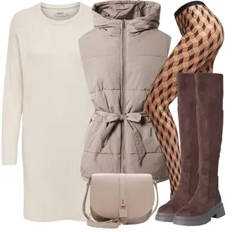 Outfit mit DunkelBraun/Braun/Lila Kniehoher Stiefel/Flache Overknee Stiefel/Reitstiefel/Overknee Stiefel/Langer Stiefel/Weitschaftstiefel About You "Modischer Look für den Herbst"