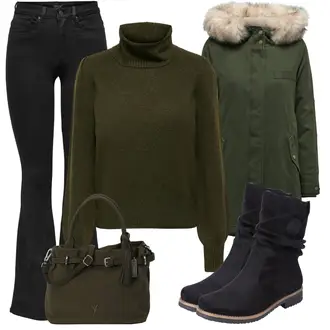 Outfit sa Crna Kožne zvonaste hlače/Lepršave Hlača/Tajica Zvonolikog Kroja/Hlače s Prorezom/Bootcut Hlača/Trapez Tajice Only "Udoban zimski outfit"