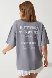 Happiness stanbul Women's Gray Printed Oversize Two Thread Knitted T-Shirt
