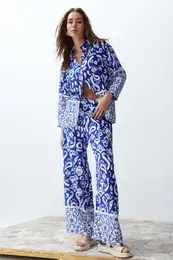 Blue Patterned Woven Shirt-Pants Set