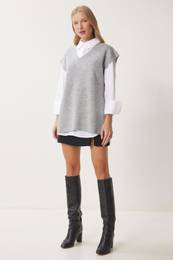 Happiness stanbul Women's Light Gray V-Neck Belted Long Knitwear Sweater