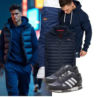 Outfit mit Dunkelblau/Hellblau Kurze Weste/Wendeweste/Reitweste/Reiseweste/Outdoorweste/Isolationsweste/Steppweste/Daunenweste/Puffer Weste Höhenhorn "Freizeit Outfit"