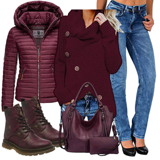 Outfit mit Dunkelrot/Bordeaux/Lila Gefütterte Stiefelette/SpringerStiefel/Biker Boot/Leder Stiefelette/Wasserdichter Stiefel/Klassischer Stiefel/SchnürStiefelette Rieker "Perfekt Für Den Herbst"
