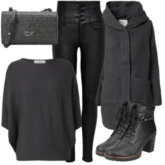 Outfit mit Schwarz/Grau/Dunkelgrau Strick Große/Klassische Tunika/Bluse Lederjacke/Oversize Bluse/Tuniken-Shirt/Shirt & Top Große Größe/Tunika/Pullover Mit Fledermausärmel/Kaschmir Pullover JdY "Business Look"