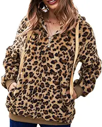 LIVACASA Sweatshirt Damen Winter Warm Hoodie Weich Mädchen Oversized Teddy Fleece Pullover Mit Kaputze Flauschig Winterpullover Sweater Langarm Pulli mit 2 Tasche Gespleißt Leopard B L