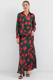 Women's Black Red Patterned Satin Two Piece Suit 8018