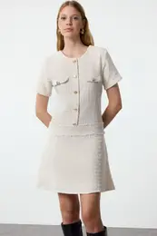 Ecru A-Line Button Detailed Mini Tweed Woven Dress