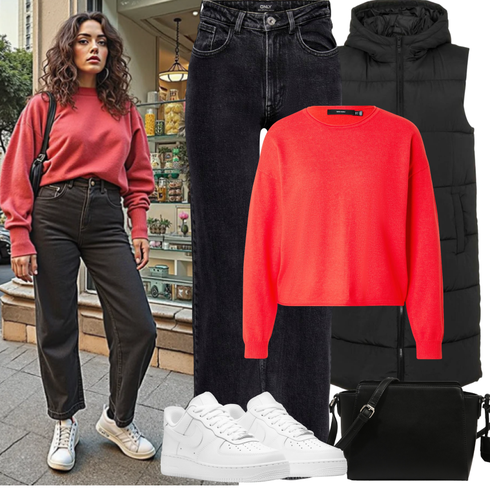 Comment poter Noir Parka Grande Taille Pieces avec Noir Jean Coupe Ample/Jeans vintage/Jean Taille Haute/Veste d'Hiver/Jeans avec Fente/Jean Évasé/T-shirt Only