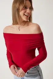 Happiness stanbul Women's Red Off-the-Shoulder Gather Detailed Blouse