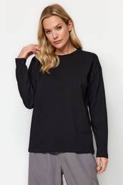 Black 100% Cotton Basic Crew Neck Long Sleeve Regular Fit Knitted T-Shirt