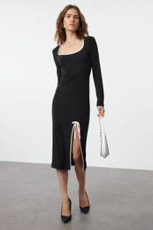 Black Maxi Color Block Bow Detailed Fitted Knit Dress