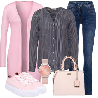 Outfit mit Rosa/Beige/Blau/Weiß Sneaker Tommy Hilfiger "Business Casual Damen Outfits"