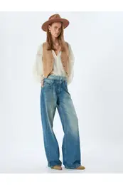 Loose Jeans Double Waist Detail Buttoned Washed - Loose Straight Fit Jean