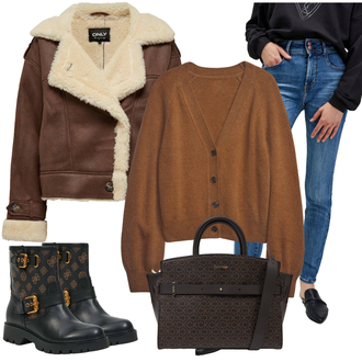 Outfit s Černá/Hnědá Kožená kotníková bota/Motorkářská bota/Kotníková Bota s Podšívkou/Plochá Kotníková Bota/Kožená bunda/Gumová Kotníková Bota/Klasická kozačka Guess "Zimní outfity"