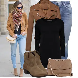 Mit Absatz Outfit mit Braun/Grau/Beige CowboyStiefel/Western Stiefelette Palado "Cooler Look für den Frühling"