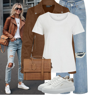 Kort Outfit met bruin/grijs/Donkerbruin/Khaki/beige Korte Jas/Biker Jas/KunstLeren Jas/Leren Jas/Vintage Leren Jas/Jas met Zijrits/Vintage Jas VERO MODA "Modieuze lente-outfit"