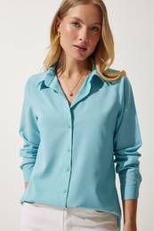 Happiness stanbul Women's Turquoise Soft Textured Basic Shirt