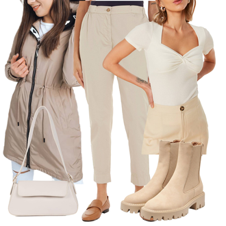 Outfit s Bílá/Béžová/Hnědá/Fialová/Khaki Carmen Blůza/Halenka s Mašlí/Halenkové Body Trendyol "Outfit na podzim"