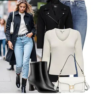 Mit Absatz Outfit mit Schwarz/Weiß SommerStiefelette/High Heels Stiefel/Gefütterte Stiefelette/Vintage Stiefelette/Spitzer Stiefel/Leder Stiefelette/Klassische Stiefelette NobleOnly "Stylisches Outfit für den Frühling"