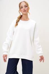 Trend Alaat Stili Women's White Crew Neck Raglan Sleeve Three Thread Raised Basic Sweatshirt