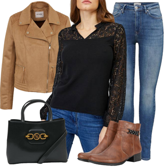 Outfit sa Crna/Smeđa/Ljubičasta Ležerni topić/Bluza top/Pleteni top/Čipkasti Top orsay "Moderan look za slobodno vrijeme"