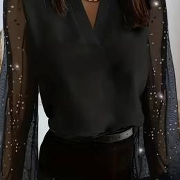 Women's Elegant Long-sleeve Top With A Solid Contrasting Mesh, Featuring A Collar And Stretch, Suitable For Spring And Autumn.