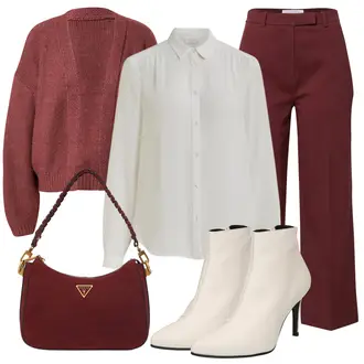 Edel Outfit mit Rot/Dunkelrot/Braun/Bordeaux/Lila Hose Große Größe/Bootcut Pant/Business Hose/Culotte Hose/Anzughose/Ausgestellte Hose/High Waist Hose/Marlenehose/Musselin Hose/Hose mit Schlitz/Weite Hose florence by mills exclusive for about you "Elegantes Outfit"Look: Uni, 70er, Edel, Büro, Old Money, Outdoor, Workwear