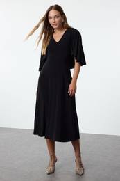 Black Plain Maxi V Neck Cape Stretchy Midi Knit Dress