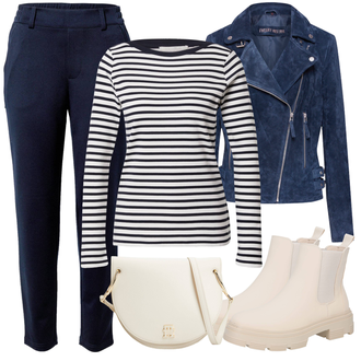 Sportovní Outfit s Bílá/Krémová/Béžová/Khaki/Hnědá Kozačka Chelsea Boty/Gumová Kotníková Bota/Kožená bunda/Plochá Kotníková Bota About You "Stylový zimní outfity"Look: Estetika, Bad Taste, Šik, Venkovní, Sportovní, Unisex