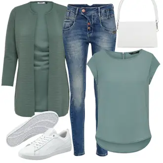 Outfit s Tyrkysový/Zelená/Khaki Pletenina veľkej veľkosti/Tunika/Kabát/Kalhoty Veľké Veľkosti Only "Cool vzhled na jaro"