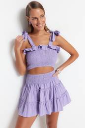 Lilac Woven Frilled Blouse and Skirt Set