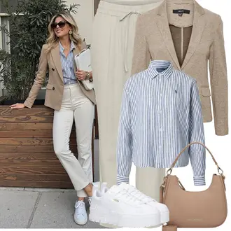 Reverskragen Outfit mit Grau/Braun/Beige Lederjacke/Boucle Blazer/Lässiger Blazer/Baumwoll ­Blazer/Strick­blazer/Sweatblazer/Lederjacke VERO MODA "Frühling outfit"