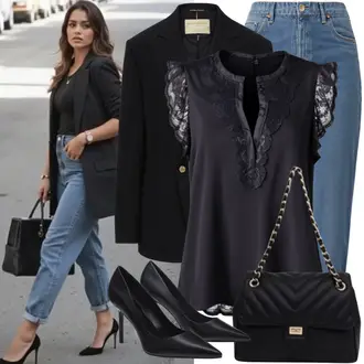 Outfit met zwart/bruin Kanten Top/Kanten shirt/Мужчынскія туфлі/Mouwloze Top/Tank Top/Crop Top Kant merkloos / sans marque "Zakelijke look"