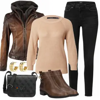 80er Outfit mit Braun/Dunkelbraun/Beige Klassischer Stiefel/Cowboystiefel/Gefütterte Stiefelette/Vintage Stiefel/Rahmengenähter Schuh/Leder Stiefelette/Lederjacke/Vintage Stiefelette/Reitstiefel/Chelsea Boot About You "Stilvoller Look für die Freizeit"Look: Uni, Western, Country Styl, Cowgirl, Schön, Duckfeet, 80er