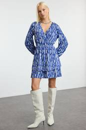 Indigo Skirt Ruffled Mandarin Collar Mini Knit Dress