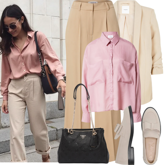Outfit sa Bež/Kaki Nekategorizirano Pieces, Bež/Kaki Široka Hlača/Paperbag Hlača/Palazzo Hlača/Hlače Visokog Struka/Hlače od muslina/Hlače s Prorezom/Marlene Hlača Edited "Proljetni Outfit"