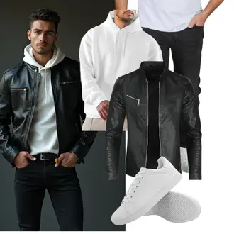 Outfit mit Schwarz Motorradjacke/Vintage Lederjacke/Bikerjacke/Jacke mit Seitlichem Reißverschluss/Leder Bomberjacke/Lederjacke/Kunstlederjacke Sliktaa "Freizeit Outfit"