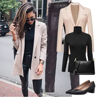Slim fit Outfit mit Braun/Schwarz Motorradhose/Leggings Lederoptik/Lederlegging/Lederimitathose Unbekannt, Schwarz Pullover "Perfekter Look für den Frühling"
