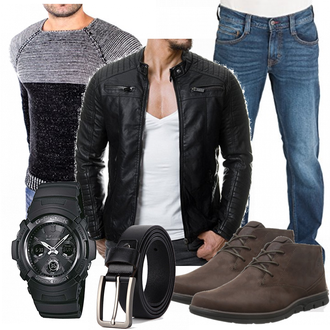 Wolle-seide Outfit mit Schwarz Jacke mit Seitlichem Reißverschluss/Motorradjacke/KunstLederjacke/Bikerjacke Redbridge "Lederjacke"