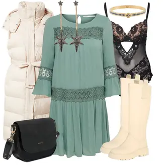 Cowgirl Outfit mit Beige/Khaki/Weiß Klassischer Stiefel/Flache Overknee Stiefel/Kniehoher Stiefel/Lammfell Stiefel/Langer Stiefel/ReitStiefel/GummiStiefel/WeitschaftStiefel About You "Freizeit Outfit"Look: Uni, Cowgirl, Italienische, Oversize, Premium, Safari, Unisex