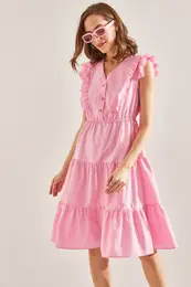 Women's Frilly Waist Elastic Buttoned Flared Dress