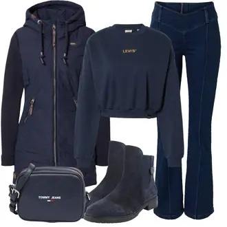 Winter Outfit mit Dunkelblau/Blau/Fliederfarben/Hellblau Hose Große Größe/Schlaghose Jeans/T-Shirt/Winterjacke/Jeans mit Schlitz/Thermojeans/Leder Schuhe shyx "Herbstlicher Look"