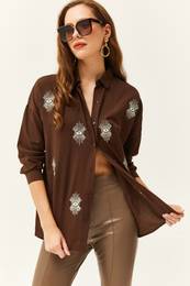 Women's Bitter Brown Sequin Detailed Woven Boyfriend Shirt