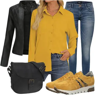 Übergang Outfit mit Schwarz/Dunkelgrün/Dunkelgrau/Grau Motorradjacke/Jacke mit Seitlichem Reißverschluss/Bikerjacke/KunstLederjacke YYNUDA "Schönes Frühlingsoutfit"