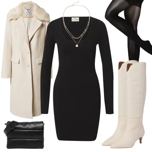 Schwarz Kleid Große Größe/Strick Große/Tunika/Bodycon-Kleid/Jerseykleid/Langes Strickkleid/Langärmliges Kleid/Langärmliges Winterkleid/Pulloverkleid/Rollkragenkleid/Winter Strickkleid A Lot Less kombinieren mit Beige/Weiß/Khaki Kniehoher Stiefel/Langer Stiefel/Overknee Stiefel/Spitzer Stiefel/Vintage Stiefel About You