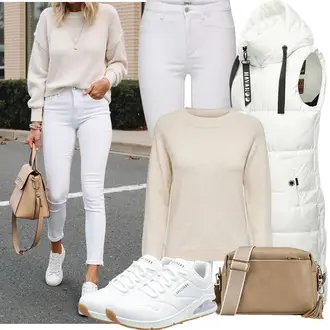 Jeans Outfits Winter mit Weiß Funktionsweste/Outdoorweste/Isolationsweste/Puffer Weste/Daunenweste Navahoo, Weiß/Braun/Khaki/Beige/Orange Wollpullover/Plüsch Pullover/Mohair Pullover/Basic Pullover/Feinstrickpullover/Einfacher Pullover/Kaschmir Pullover Only "Perfekt für den Winter"